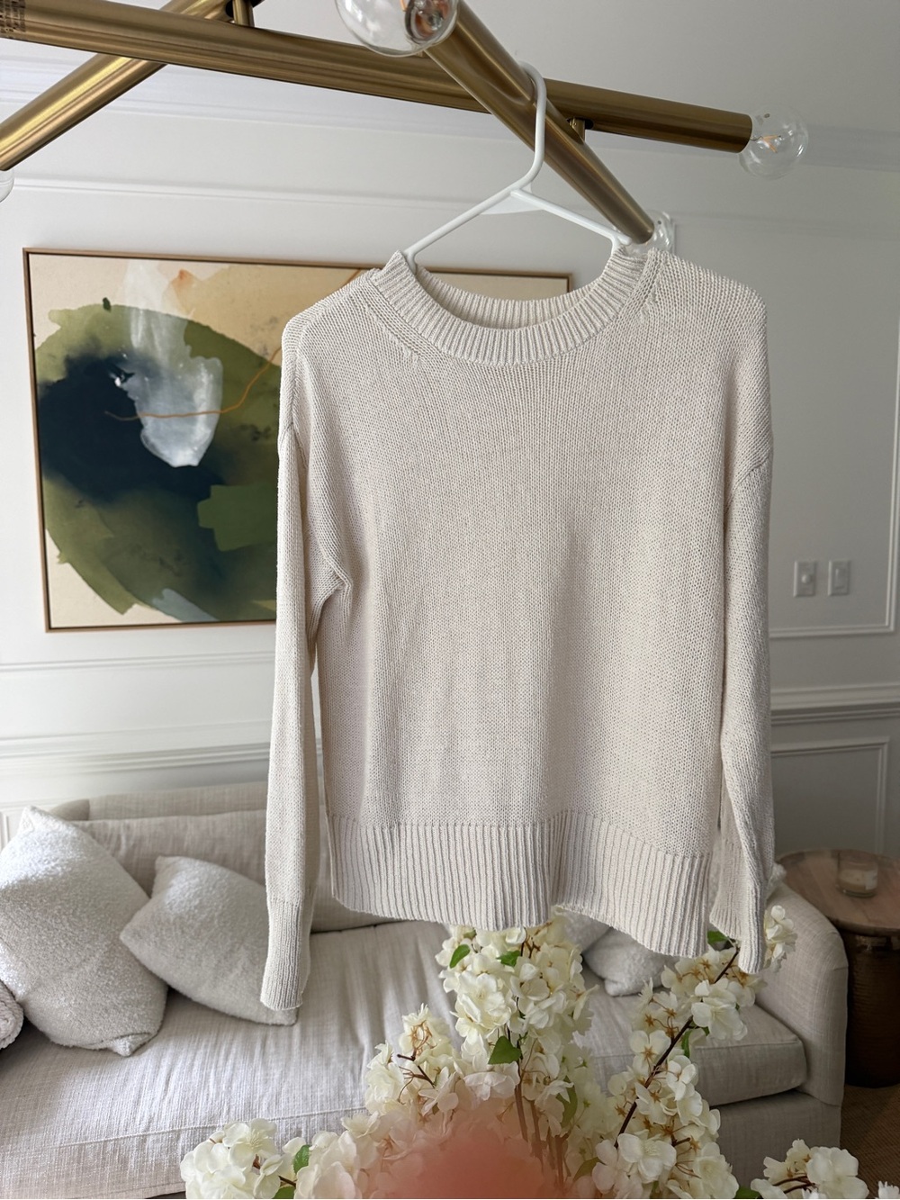 Cream Semi-sheer Knit Crewneck Sweater